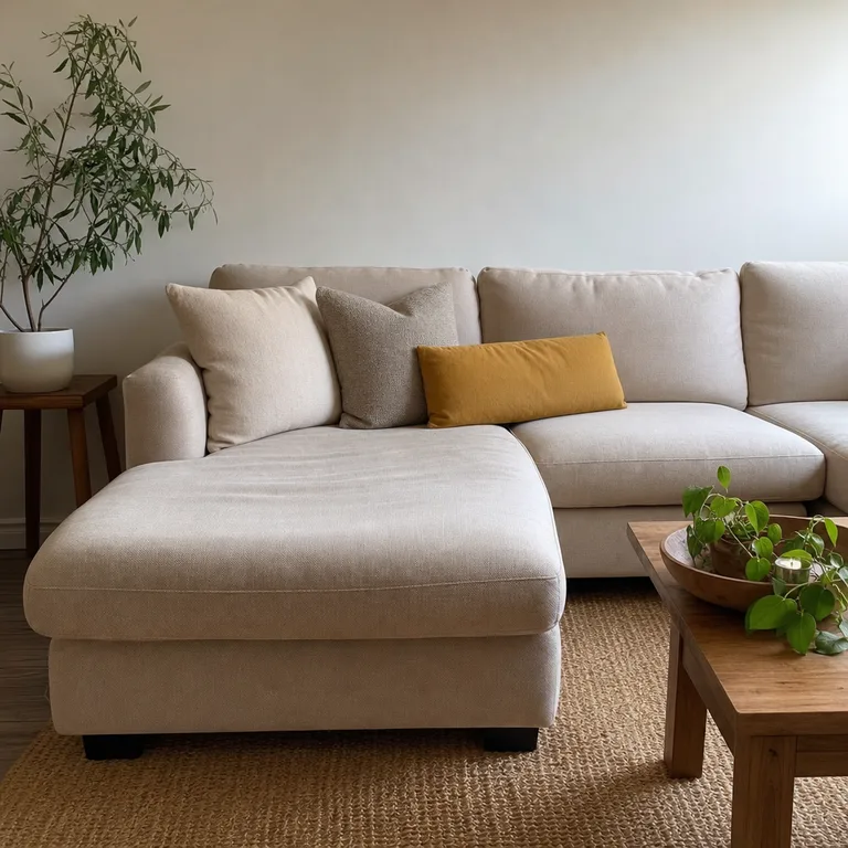 A beige sectional styled with flax and gray square pillows and a mustard lumbar pillow.