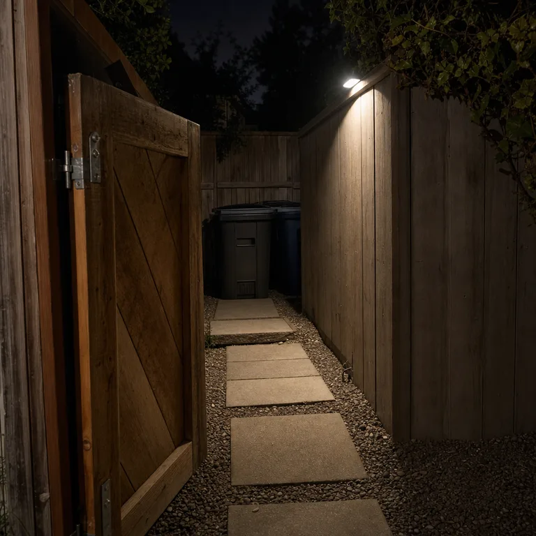 A motion-sensor light brightens a narrow gate and storage path beside a house.