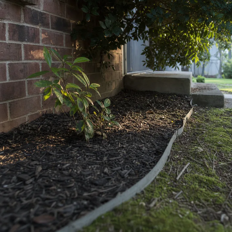 Fresh mulch covering a bare shaded bed beside a brick house.