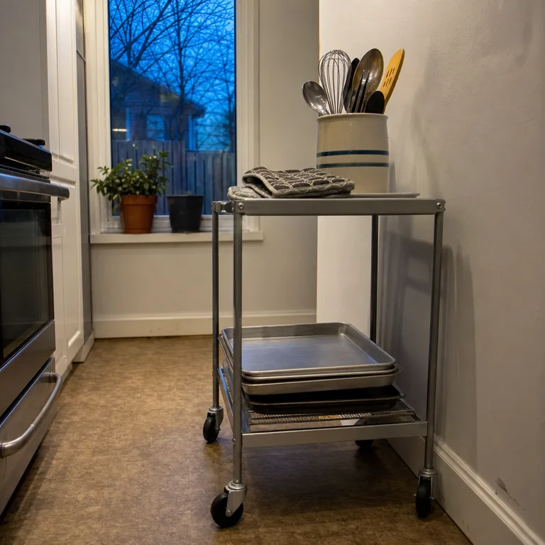 A narrow rolling cart holds cooled baking pans and clean tools away from the oven and kitchen walkway.