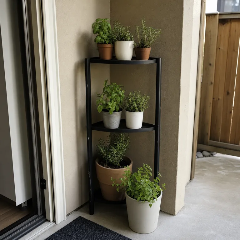 Small herb pots sit on a freestanding corner shelf above larger patio planters.
