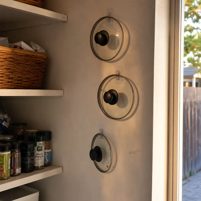 Pot lids hanging from adhesive hooks on a pantry cabinet side panel.