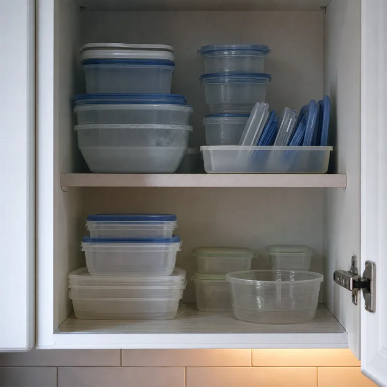 Freezer-safe food containers and lids stored together on a designated cabinet shelf.