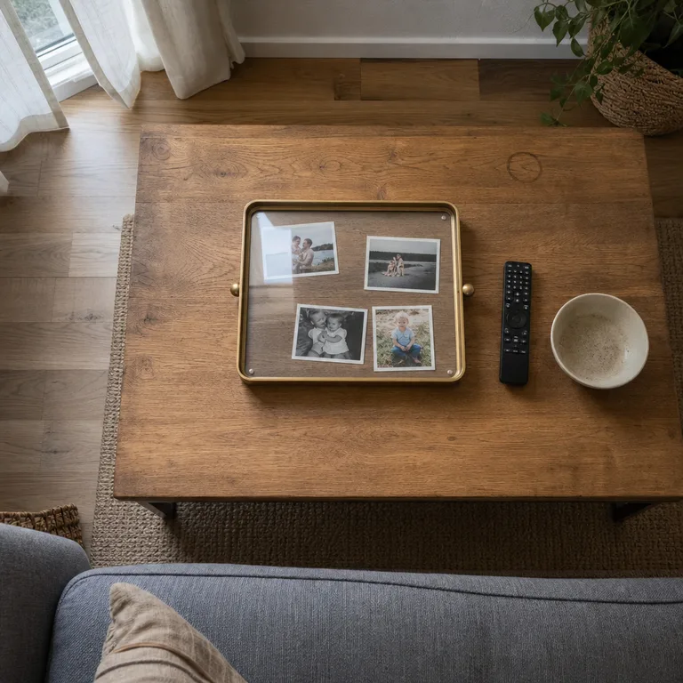 Small family photos sit under a clear cover in a brass-tone tray on an oak coffee table.
