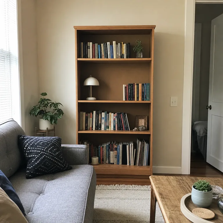 A mostly open middle bookshelf shelf creates breathing room among fuller shelves.