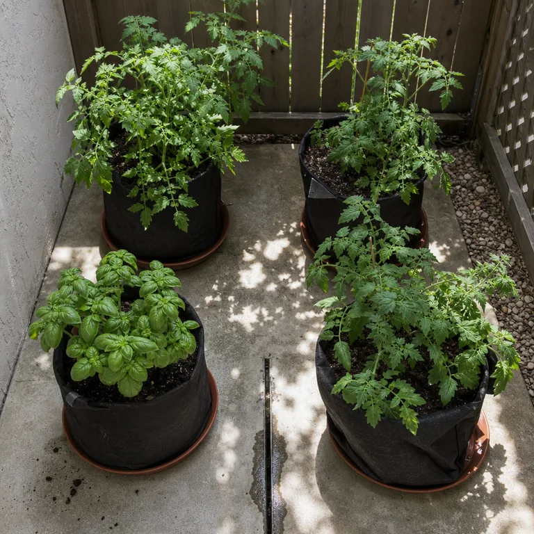 A cluster of fabric grow bags with vegetables and herbs on a small patio.