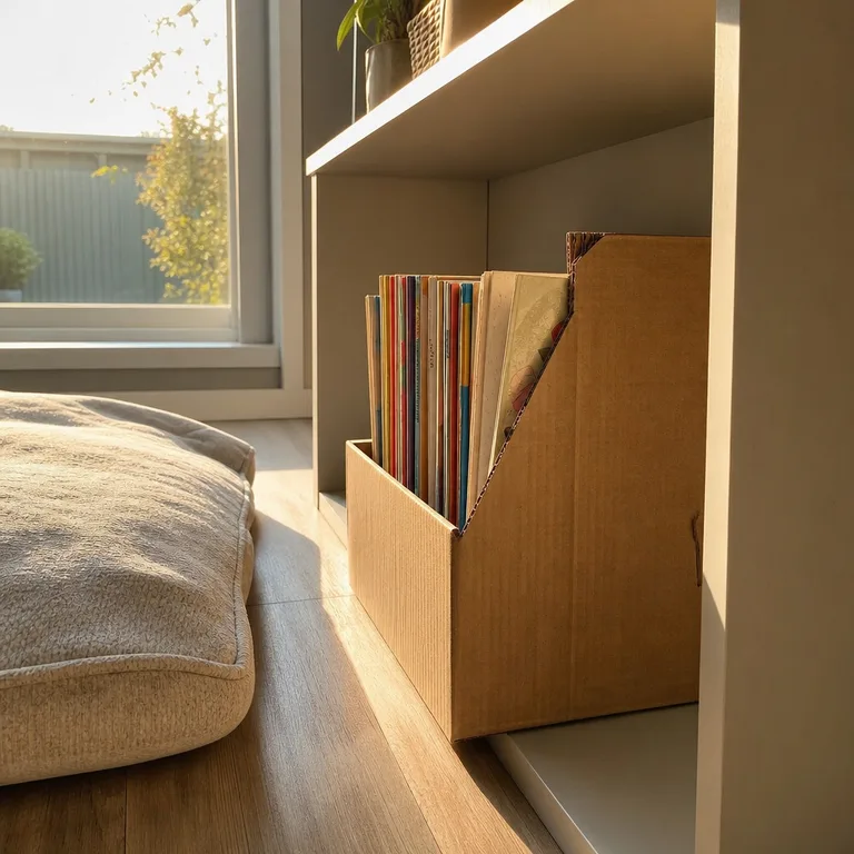 A low magazine holder keeps thin children's paperbacks upright and visible on a bedroom shelf.