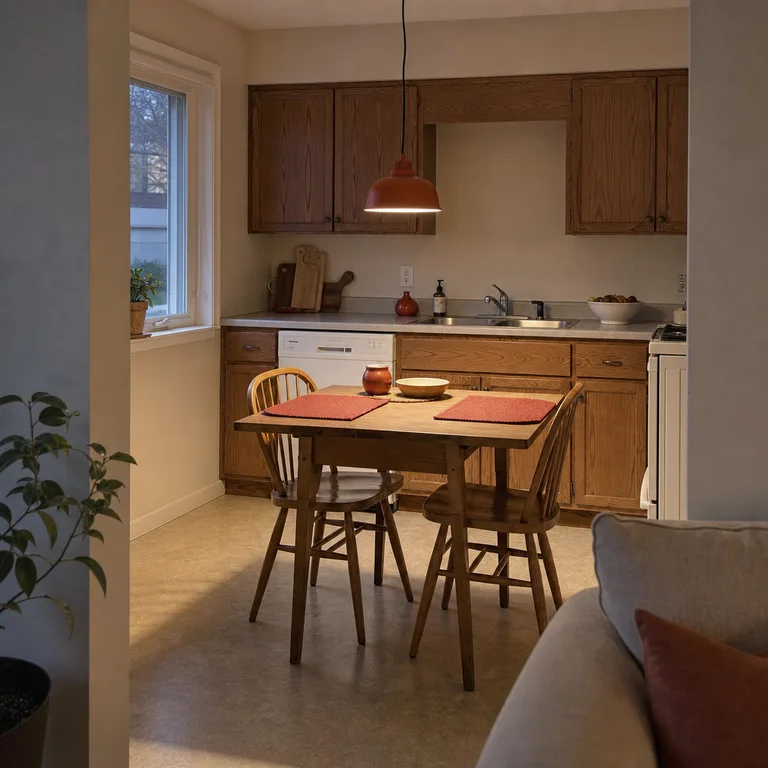 Weathered oak kitchen with a rust red pendant, placemats, and ceramic salt cellar.