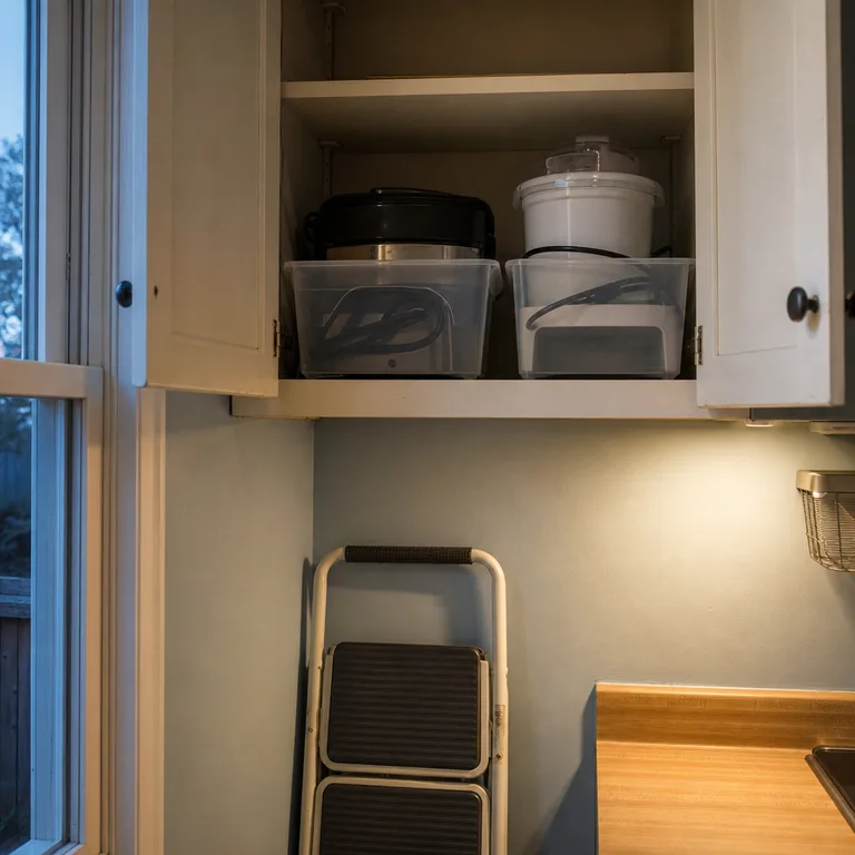 Light, occasional-use appliances stored in bins in an upper kitchen cupboard.