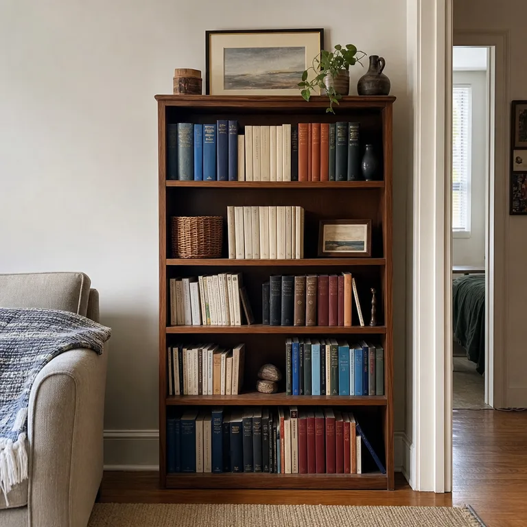 A small living room bookcase with books grouped into muted color blocks.