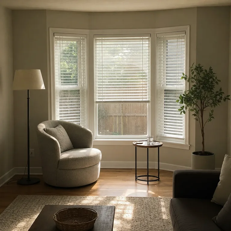 Barrel chair, slim floor lamp, and round table in an angled bay-window corner.