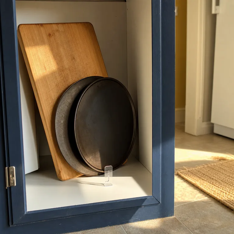 Adhesive hook holding an upright cutting board and pizza pans in place inside a cabinet.