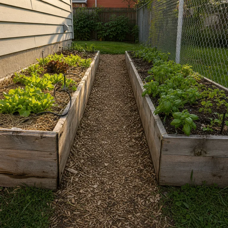 Two narrow wooden raised beds with a wood-chip path between them in a small backyard.