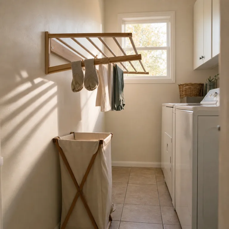 A fold-down wall drying rack hangs above a canvas hamper in a small bathroom laundry corner.