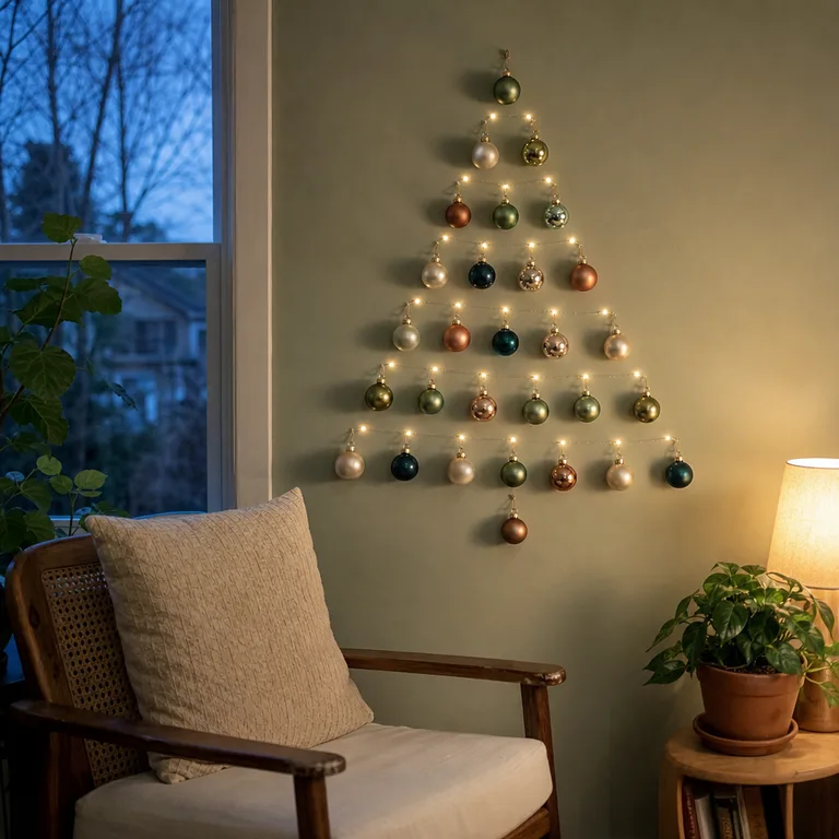 Small ornaments arranged in a triangular wall grid to create a Christmas tree above a reading chair.