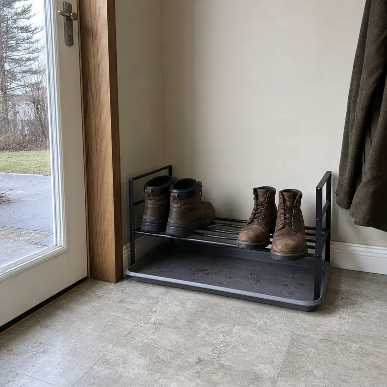 An open metal boot rack stands above a removable drip tray in a small entry.