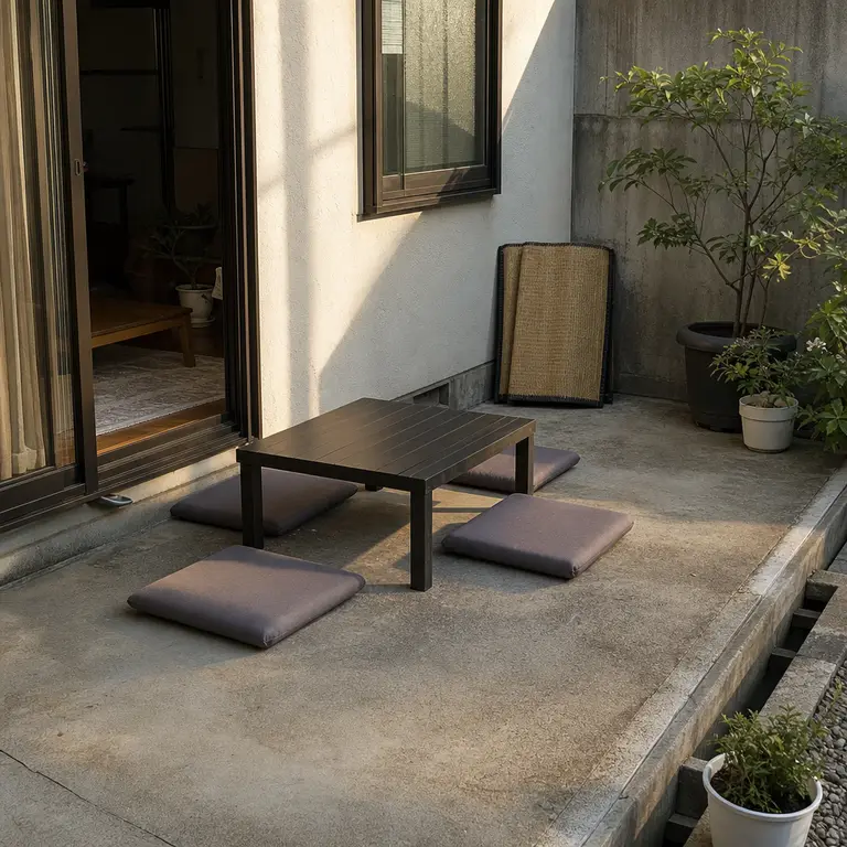 A low outdoor table and floor cushions create a flexible dining spot on a tiny patio.