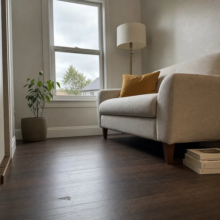 Cream loveseat with a muted mustard pillow over espresso-colored laminate flooring.