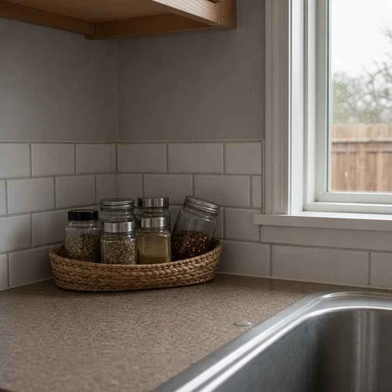A small woven tray holding everyday spice containers on a kitchen counter.