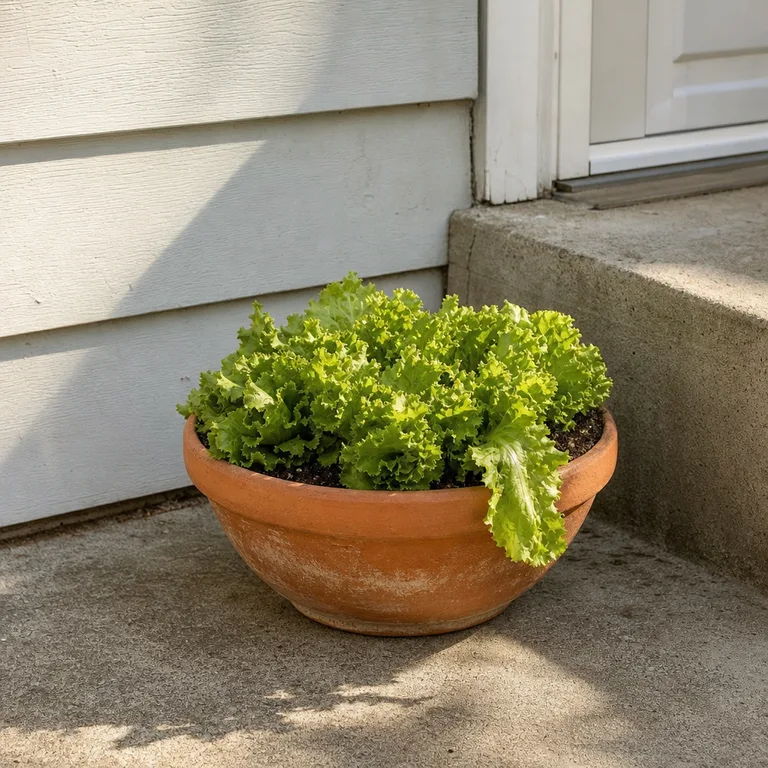 A wide terracotta pot of loose-leaf lettuce sits beside the concrete back step of a small home.