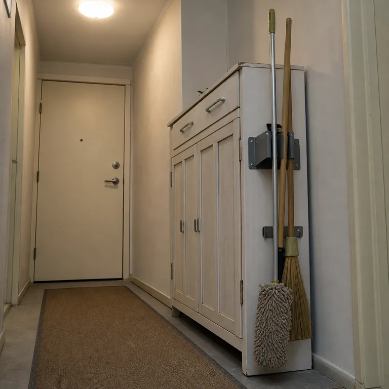 A slim holder on the side of an entry cabinet supports a broom and mop.