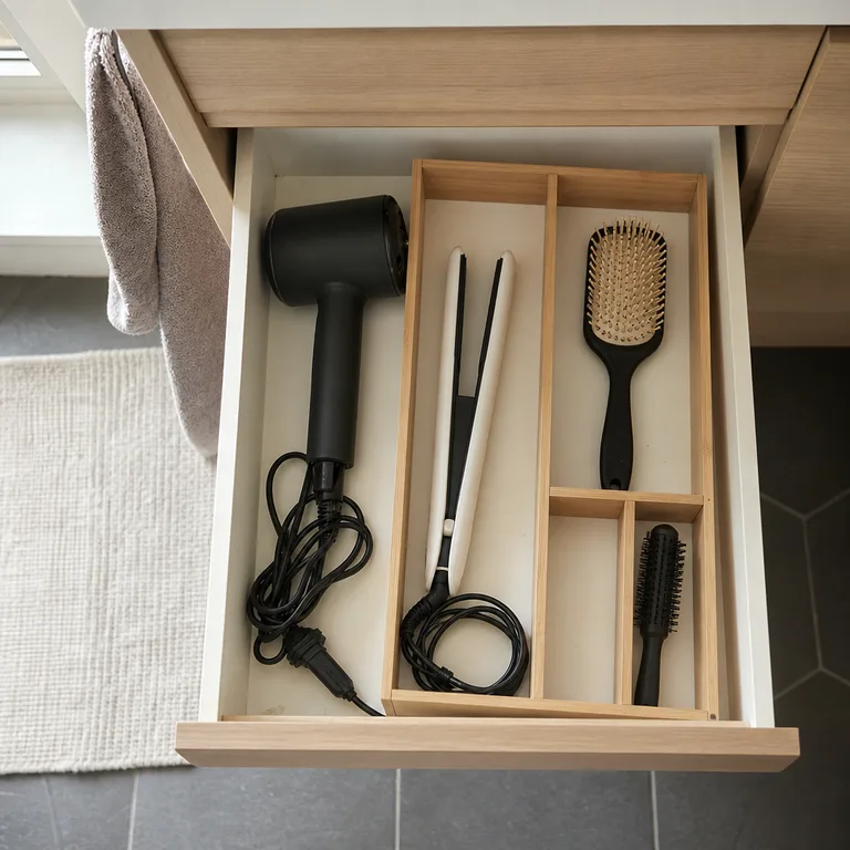 An open bathroom drawer with bamboo dividers separating cooled hair tools, brushes, and gently looped cords.