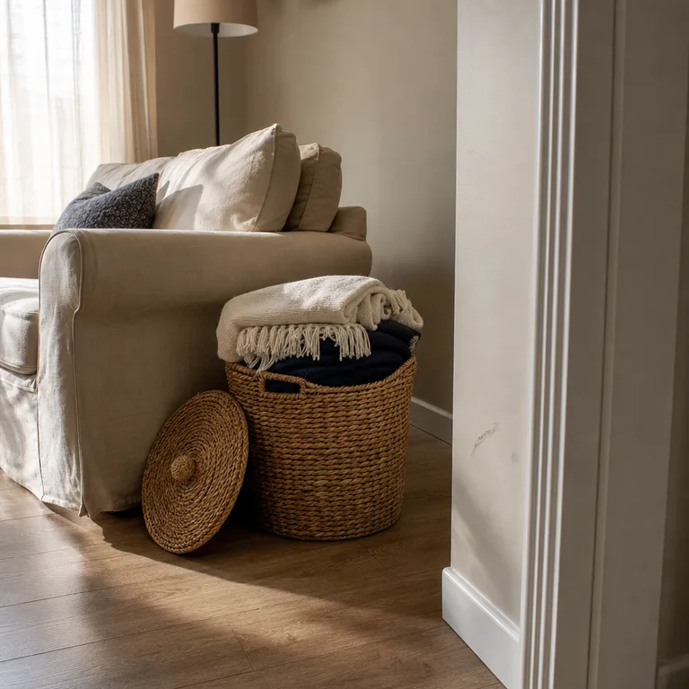 A lidded seagrass basket beside a beige sofa stores folded blankets out of sight.