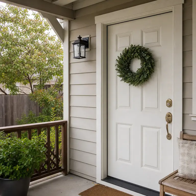 A simple leafy wreath hangs on a white front door.