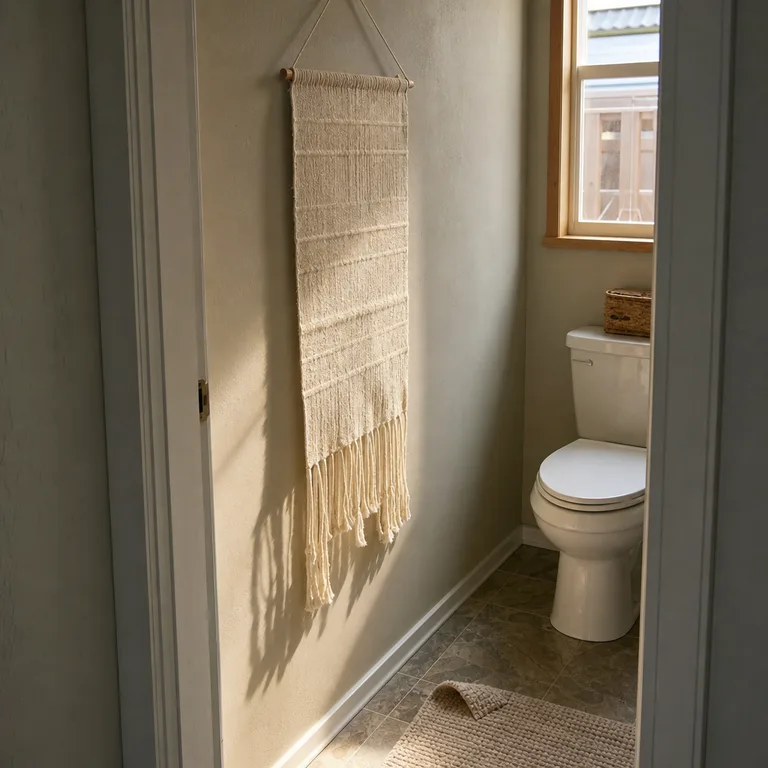 Narrow cream cotton wall hanging on the blank wall beside a toilet.