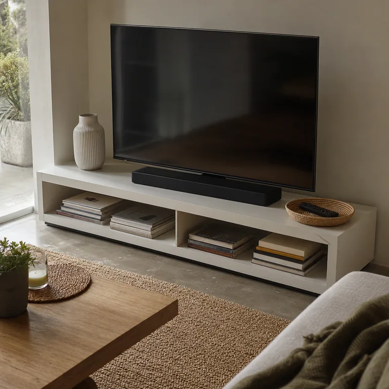 Low books, a ribbed vase, and a tray styled at the edges of a white TV console.