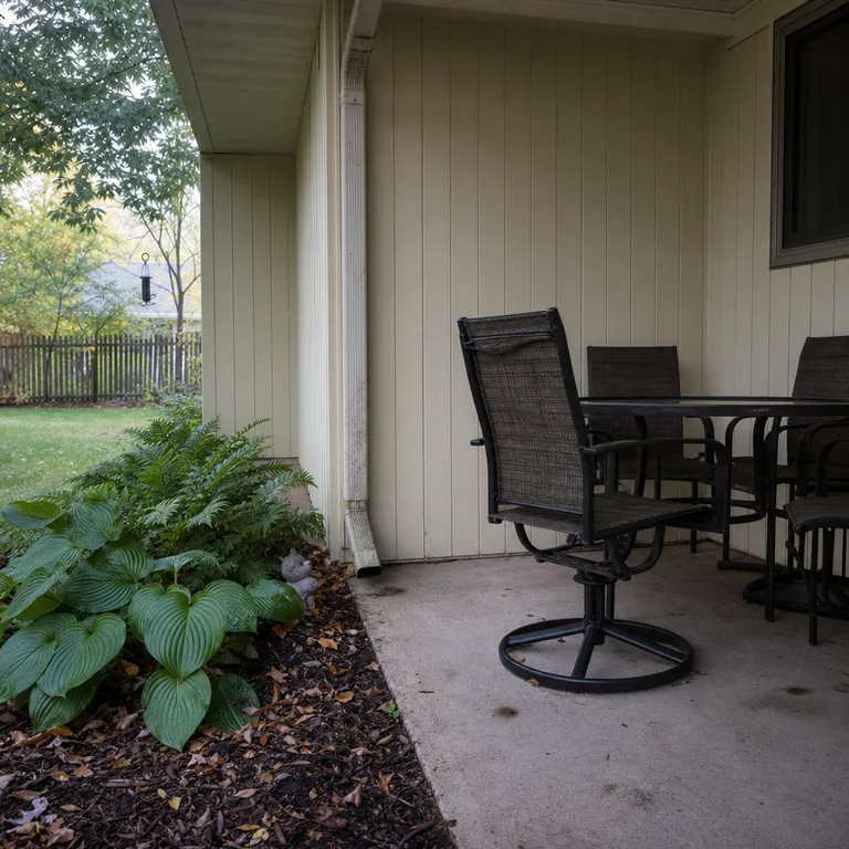 Hostas and ferns planted in a shaded mulch bed beneath a patio eave.