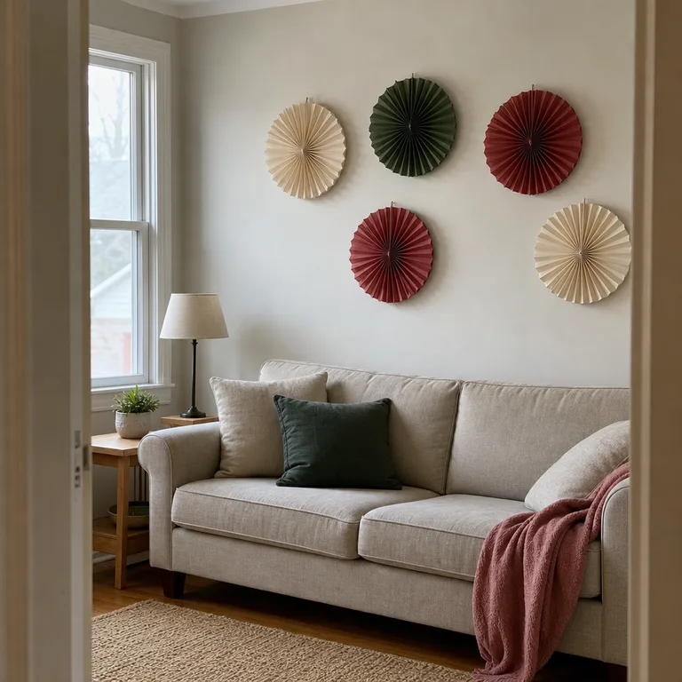 Cream, red, and green folded paper rosettes hang in an uneven cluster above a small sofa.