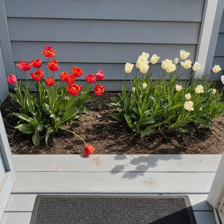Separate red and cream tulip groups bloom in a small bed below a front porch.