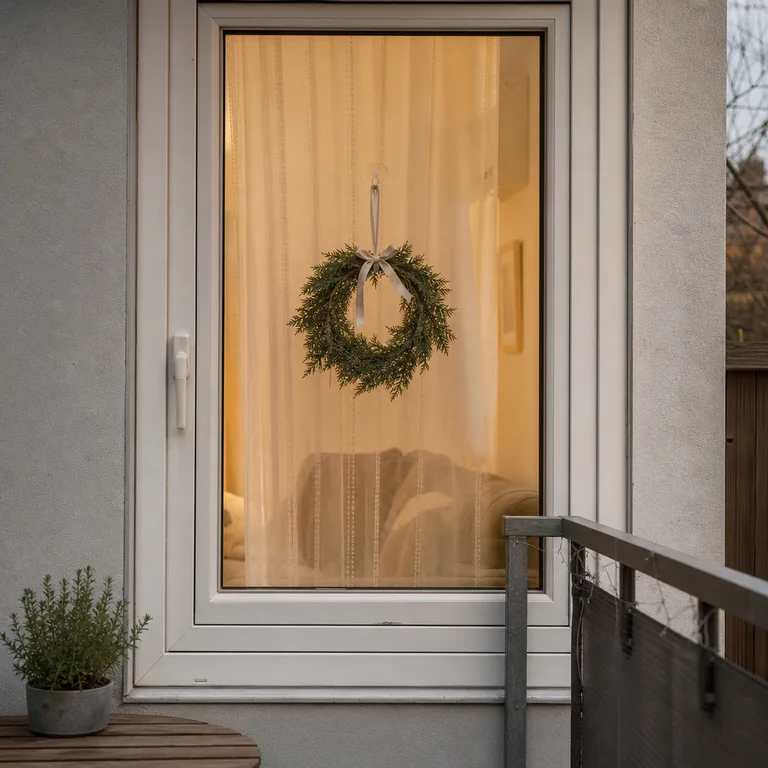 A small faux cedar wreath hung at the center of an apartment window with the handle clear.