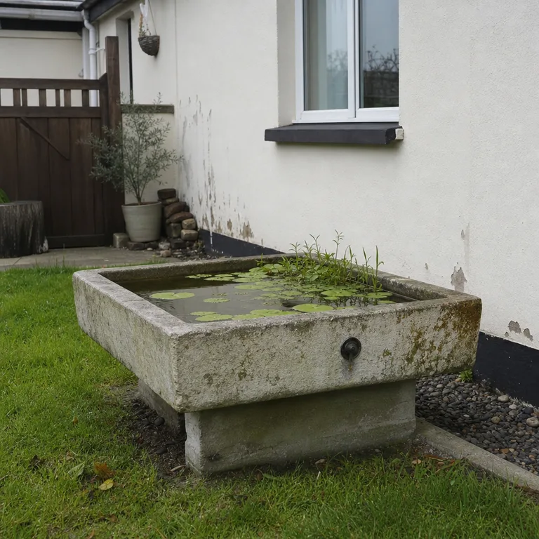 Reused stone sink pond supported on concrete footings with pebbles and aquatic plants beside a small home.