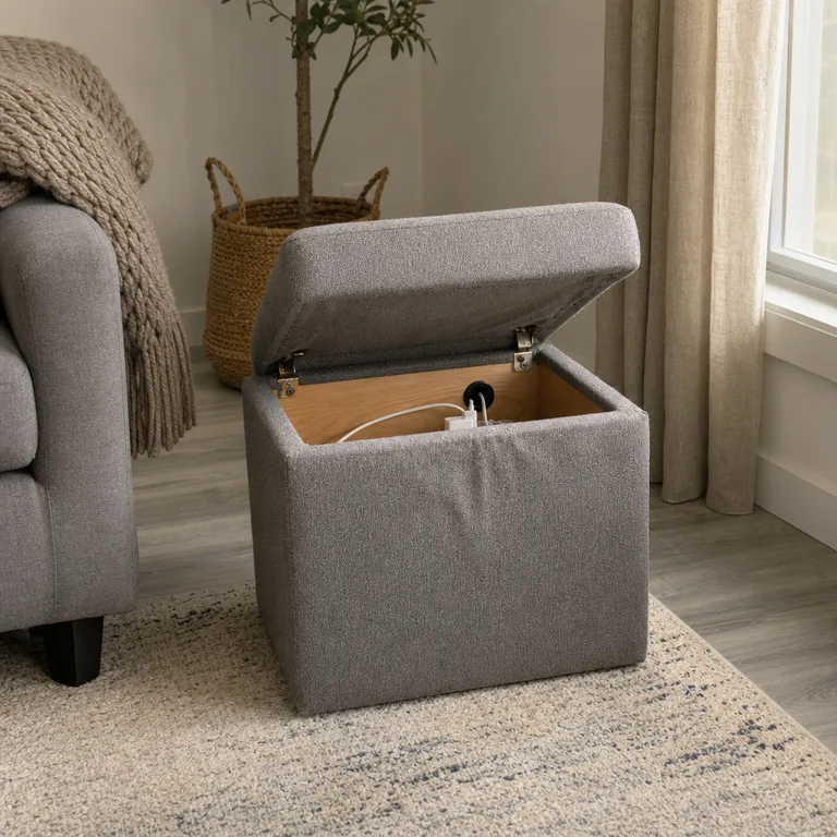 A partly open storage ottoman provides a cable-routed charging area with airflow.