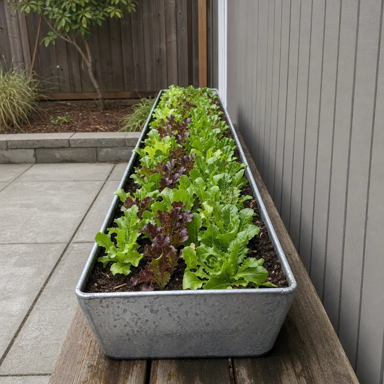 A long galvanized trough full of mixed baby lettuce rests on a weathered patio bench.