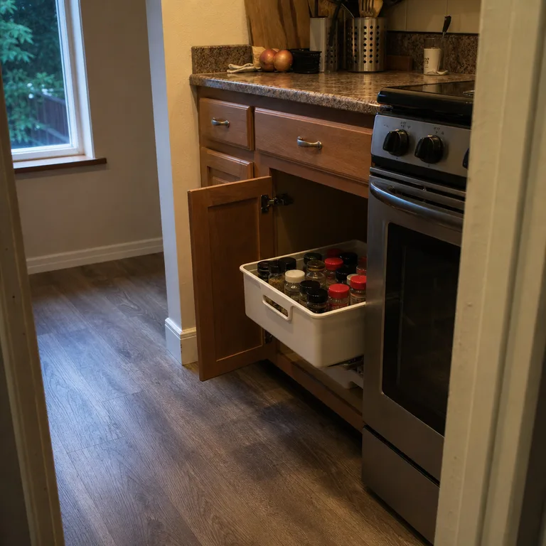 A handled caddy of mixed spice containers pulled from a lower kitchen cabinet.