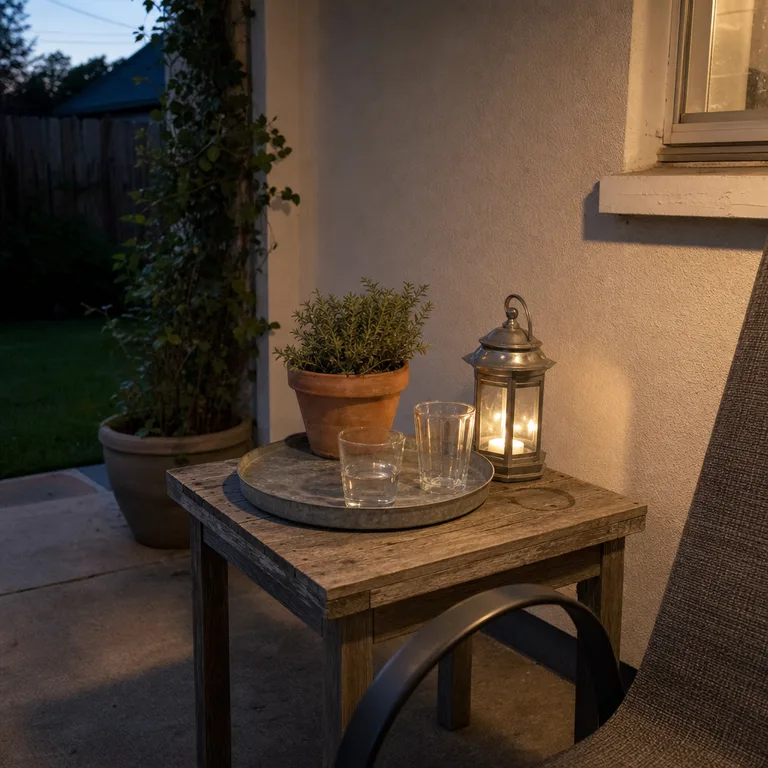 A weathered small table on a patio holds a tray, glasses, a plant, and a lantern.
