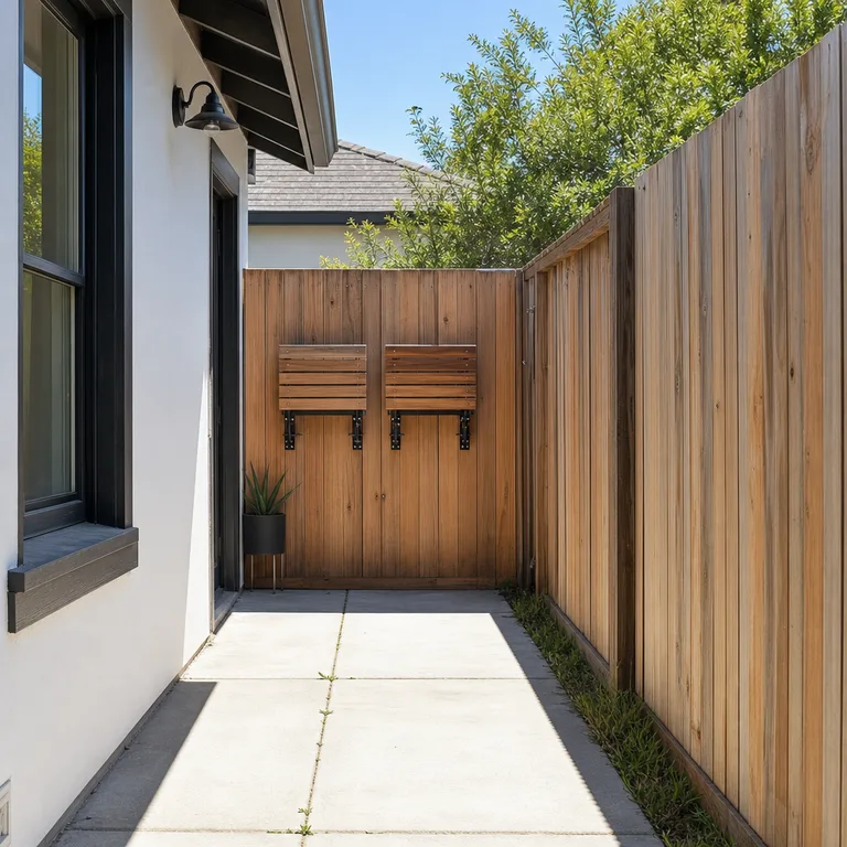 Folded wood benches rest against a fence beside an open narrow backyard path.