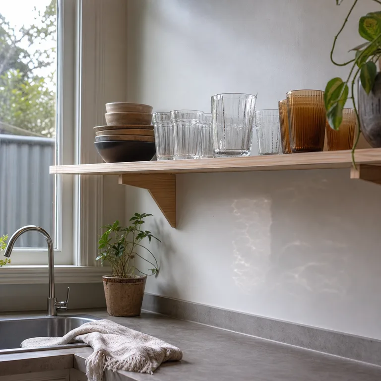 Clear water glasses and amber tumblers arranged in separate groups on an open kitchen shelf.