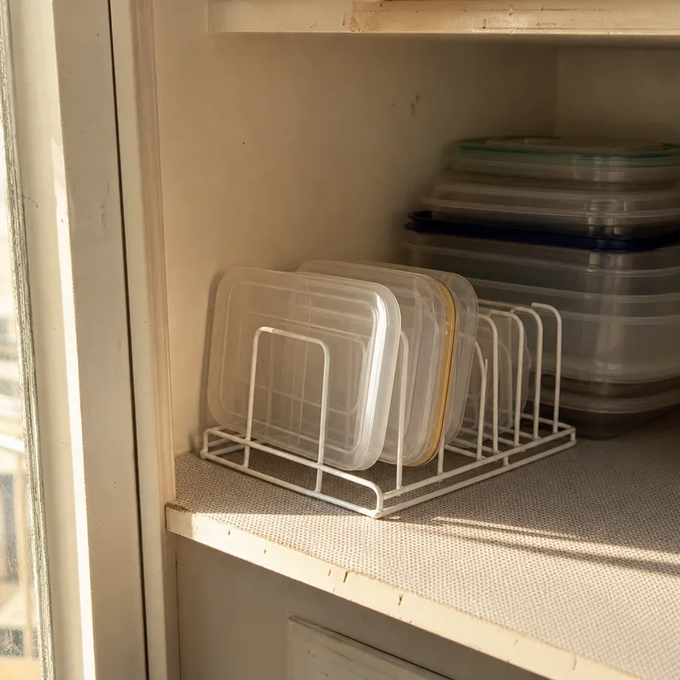 Flat reusable container lids standing vertically in a wire dish rack on a pantry shelf.
