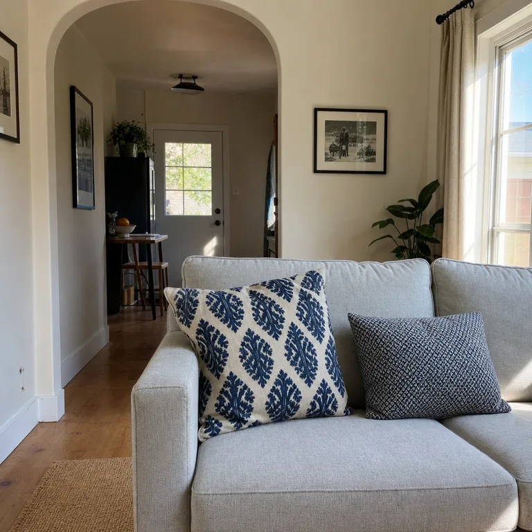 A pale gray sofa with two navy-and-cream block-print pillows in large and small pattern scales.