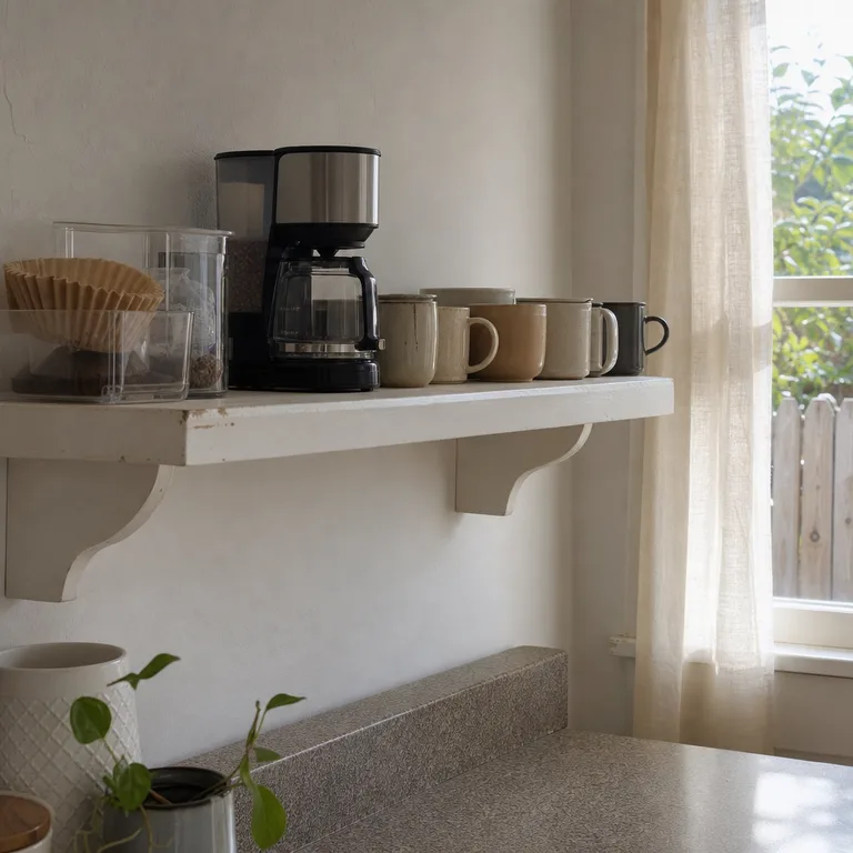 A compact coffee maker and mugs arranged on one deep open kitchen shelf.