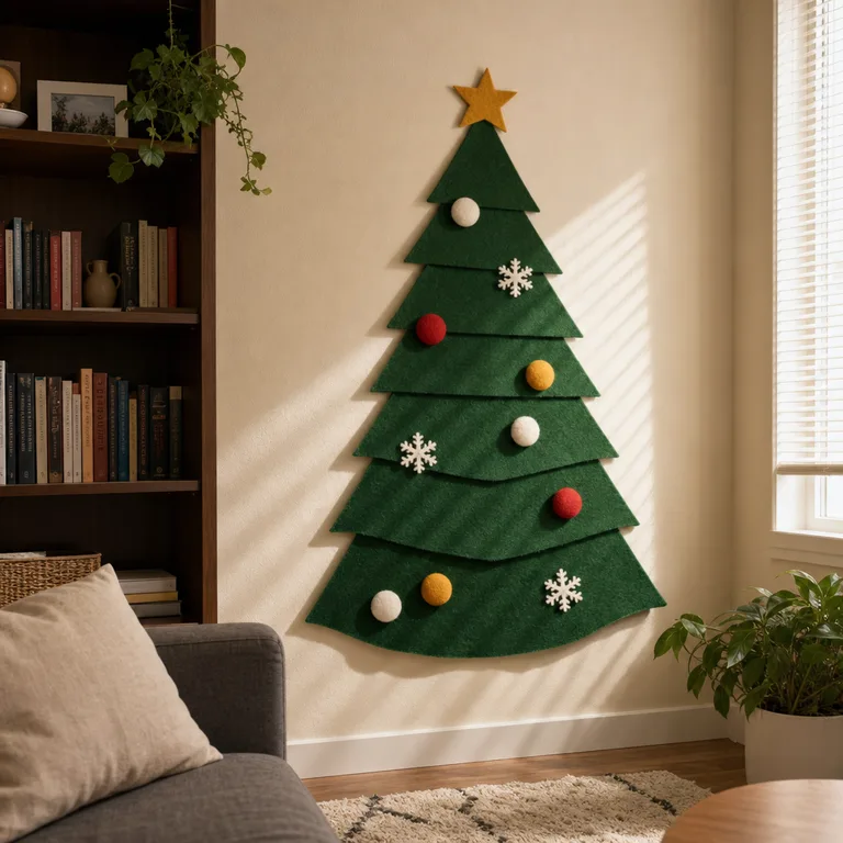 Layered green felt wall tree with removable felt ornaments beside a bookcase.