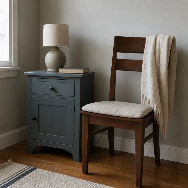 Cushioned wooden dining chair beside a small cabinet with a table lamp.