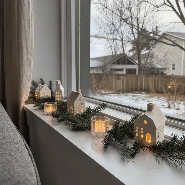 Small ceramic houses, faux spruce, and flameless candles line a deep windowsill with slight condensation on the glass.