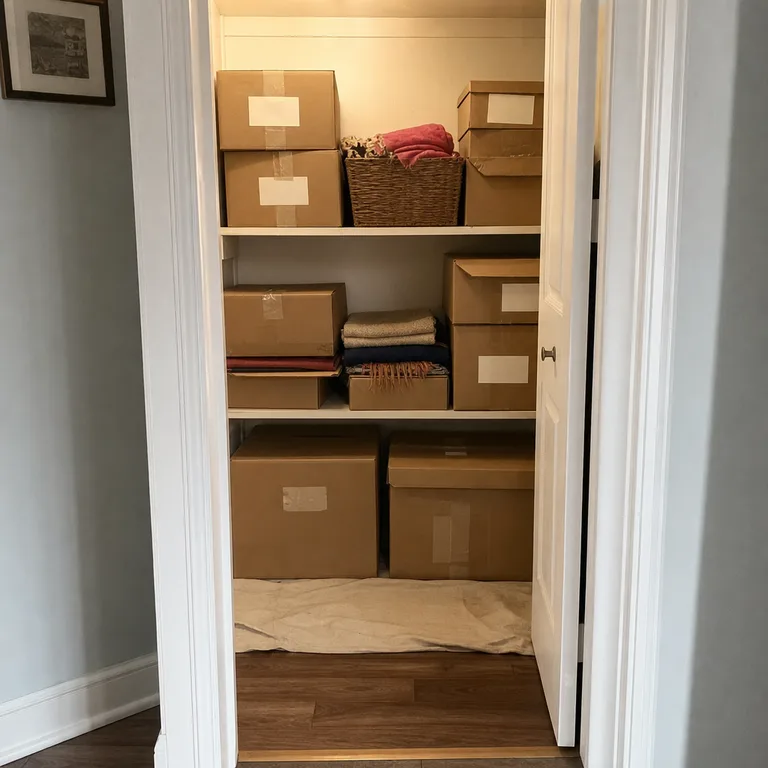 Labeled cardboard Christmas storage boxes organized on raised closet shelves.