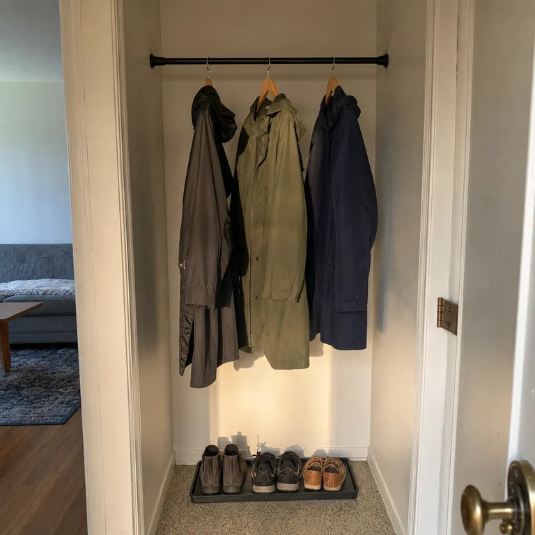 Tension rod across a shallow entry alcove provides hanging space for several coats.