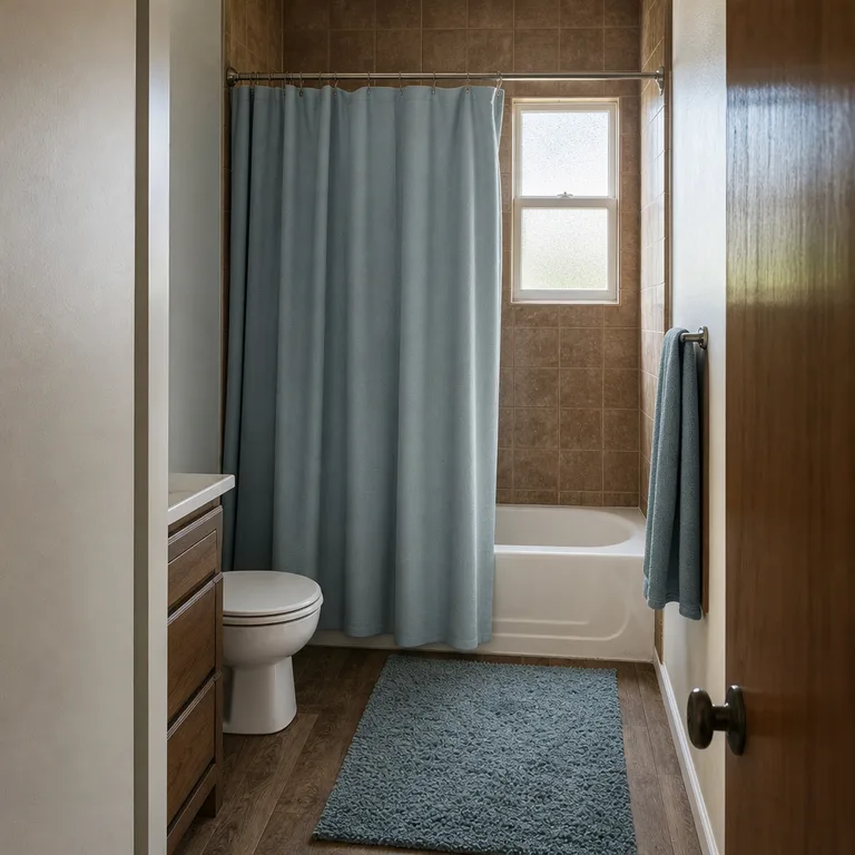 Pale blue shower curtain lightening a bathroom with brown ceramic tile.